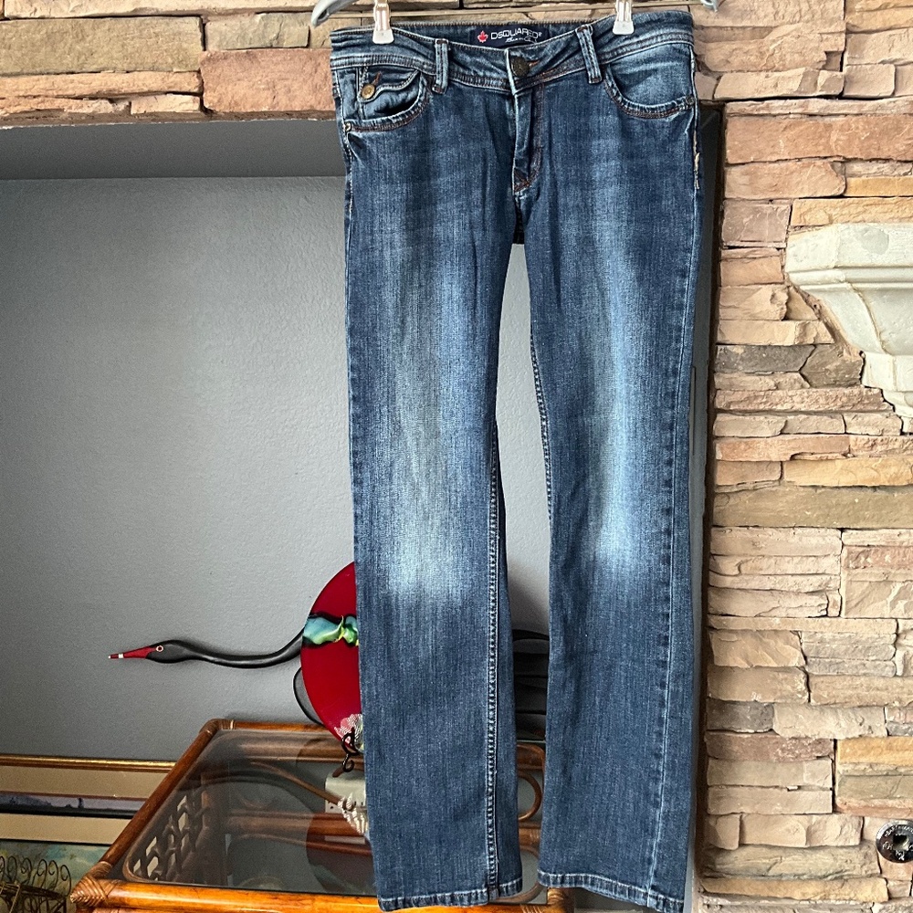 DSQUARED2 WOMENS 30 METAL CANADIAN LEAF LOGO STRAIGHT LEG LOW RISE JEANS, BLUE